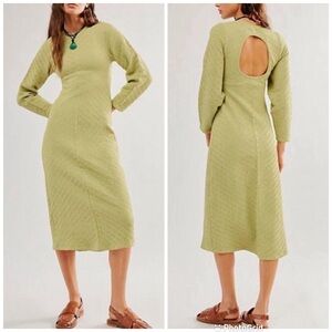FREE‎ PEOPLE Gabby Seamless Midi Dress Long Sleeve Sweater Cutout Green XS/S New